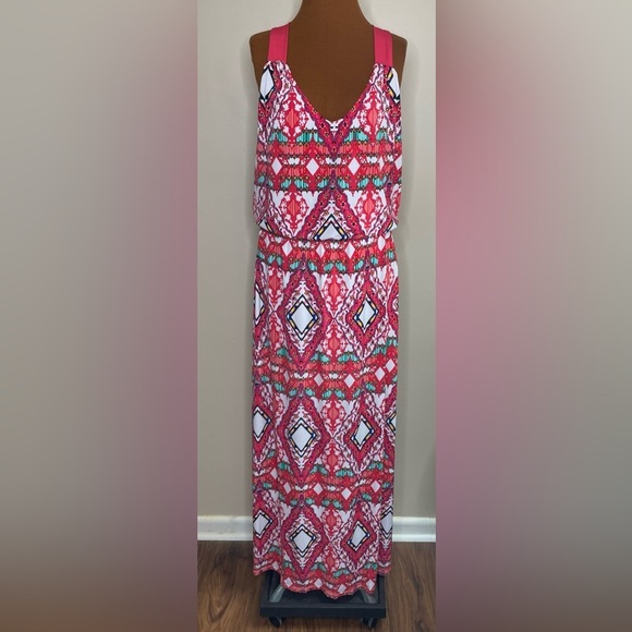 NWT Bisou Bisou Maxi Dress White Pink Sleeveless Vacation Beach Size 16 - Picture 1 of 10
